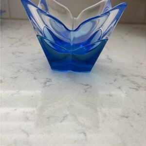 Orrefors Lars Hellsten Blue Glass 4 petal lotus Decorative Bowl